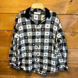 dressbarn Black and White Plaid Button-Down Shirt with Embroidered Accents